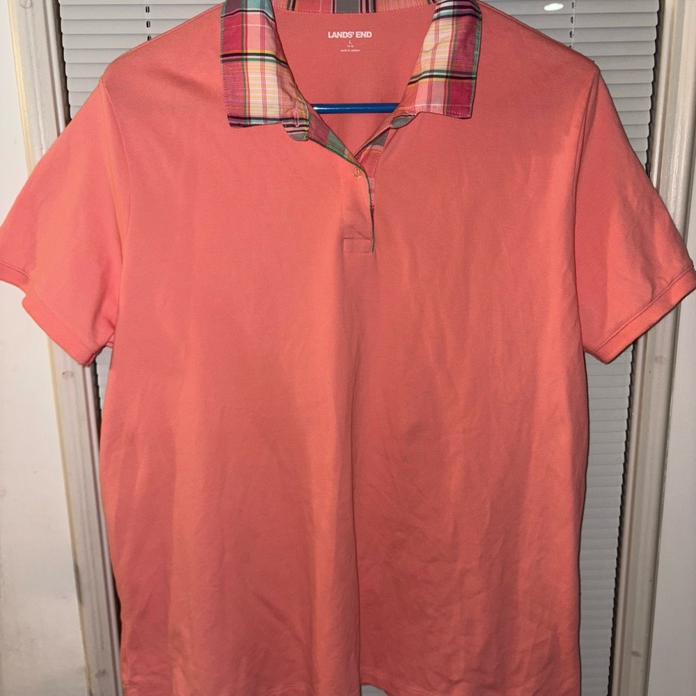 Lands' End Coral Polo with Checkered Collar